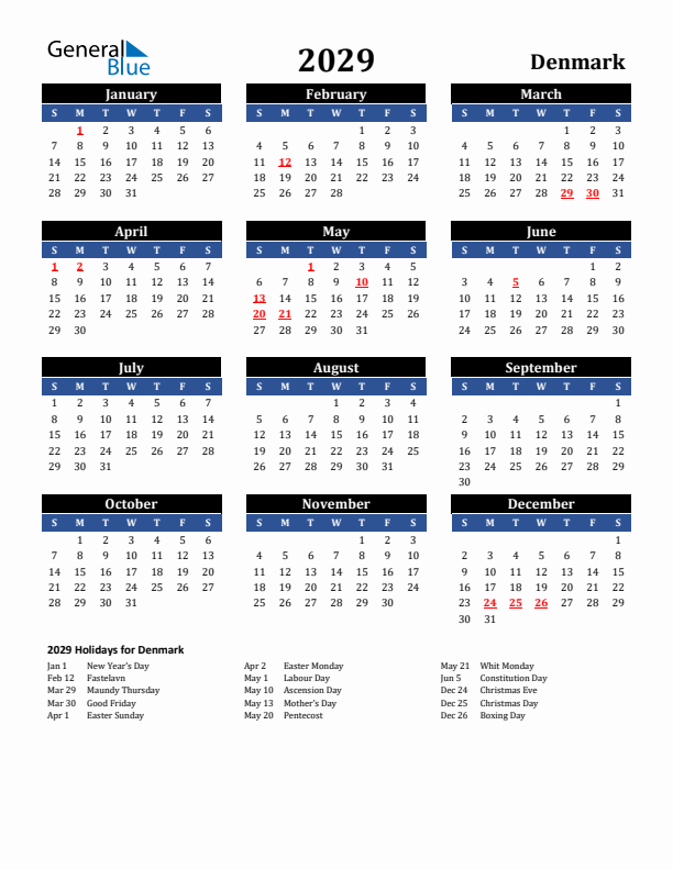 2029 Denmark Holiday Calendar