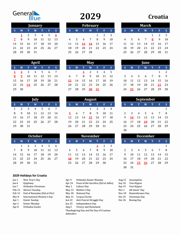 2029 Croatia Holiday Calendar