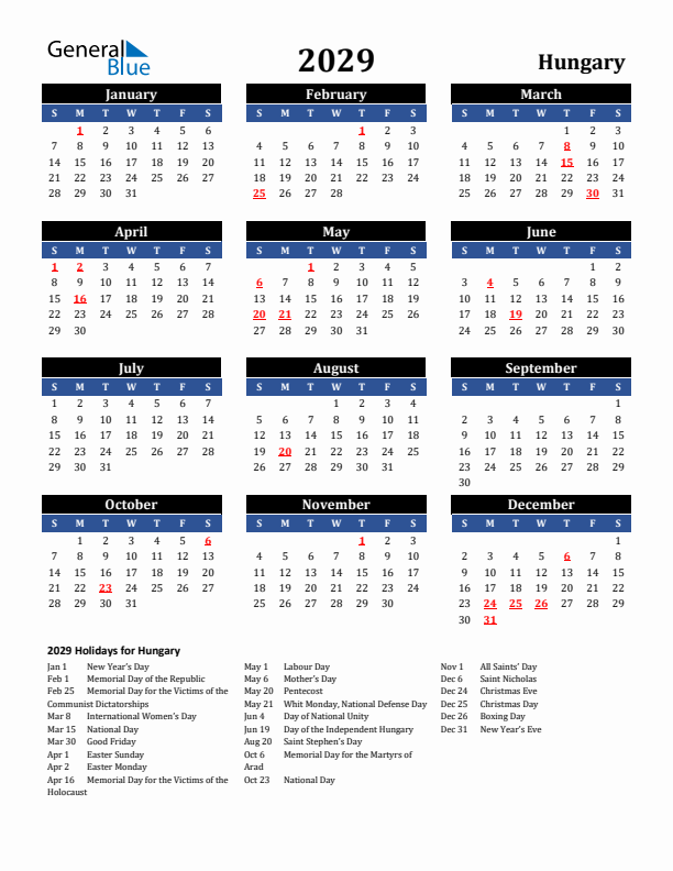 2029 Hungary Holiday Calendar