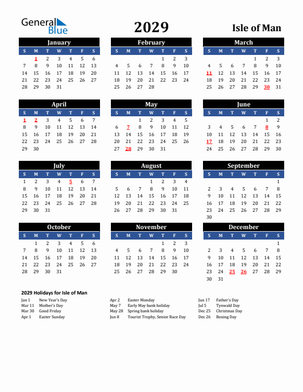 2029 Isle of Man Holiday Calendar