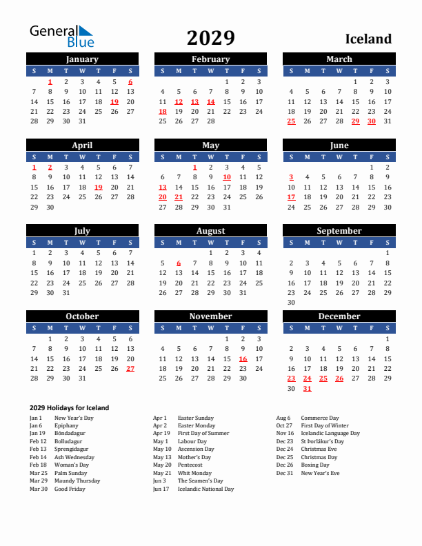 2029 Iceland Holiday Calendar