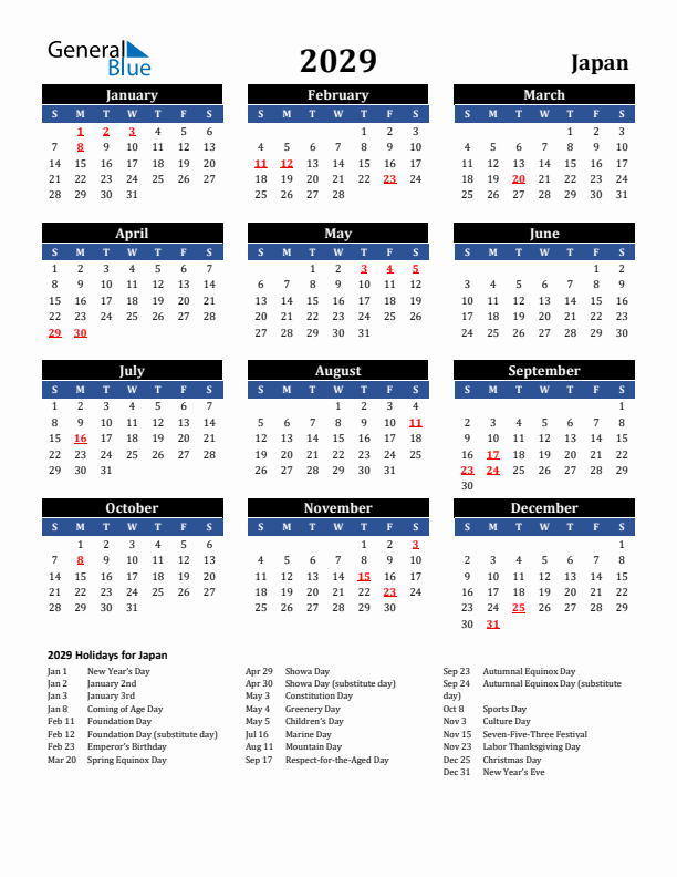 2029 Japan Holiday Calendar