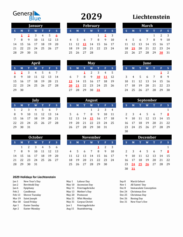 2029 Liechtenstein Holiday Calendar