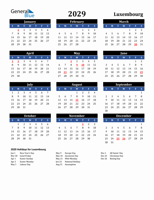 2029 Luxembourg Holiday Calendar