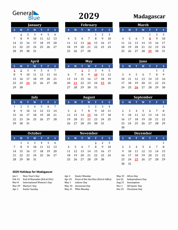 2029 Madagascar Holiday Calendar