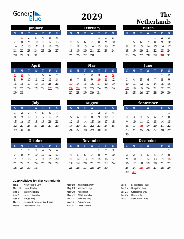 2029 The Netherlands Holiday Calendar