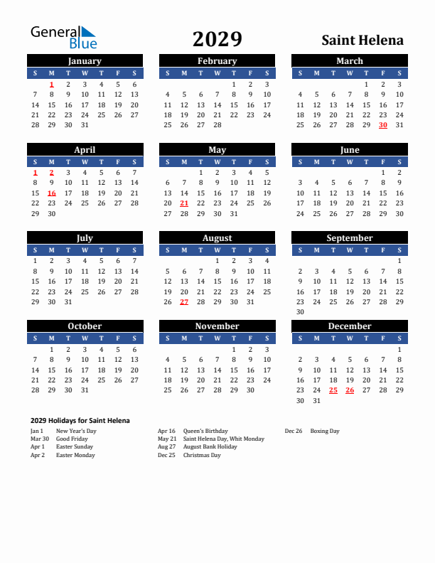 2029 Saint Helena Holiday Calendar