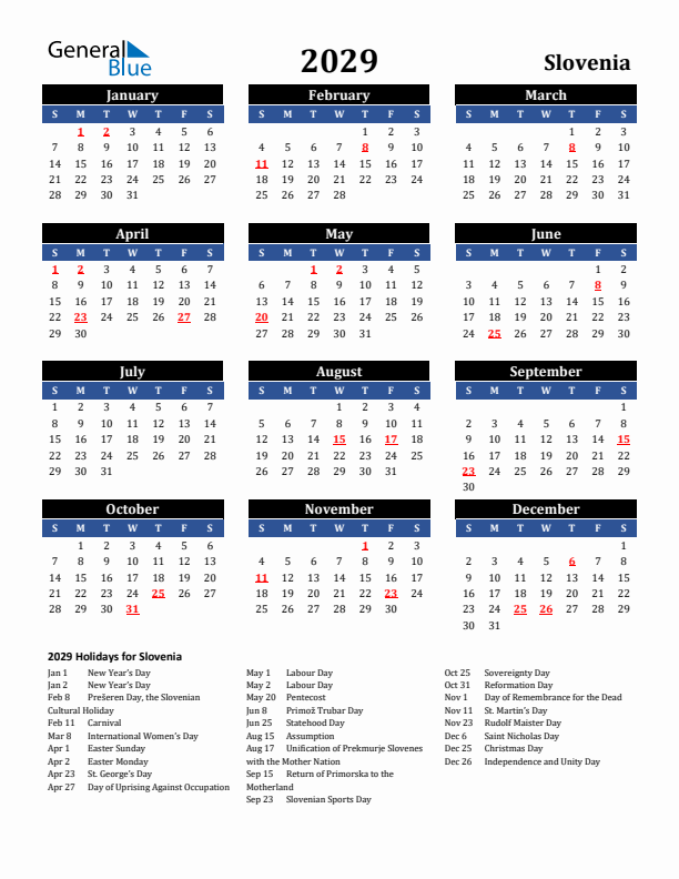 2029 Slovenia Holiday Calendar