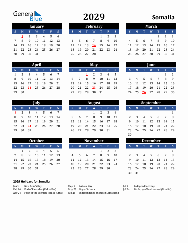 2029 Somalia Holiday Calendar