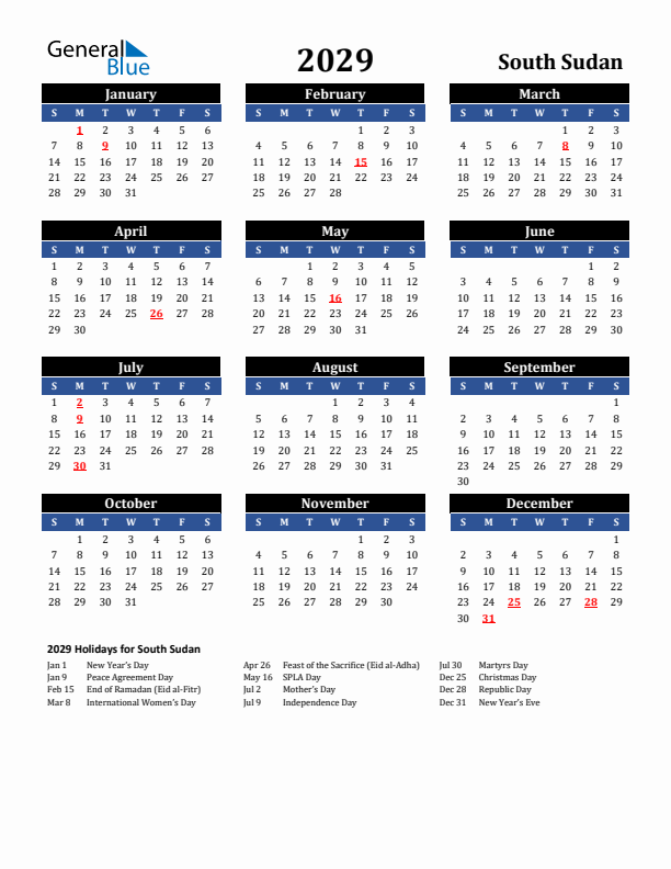 2029 South Sudan Holiday Calendar