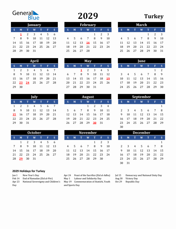 2029 Turkey Holiday Calendar