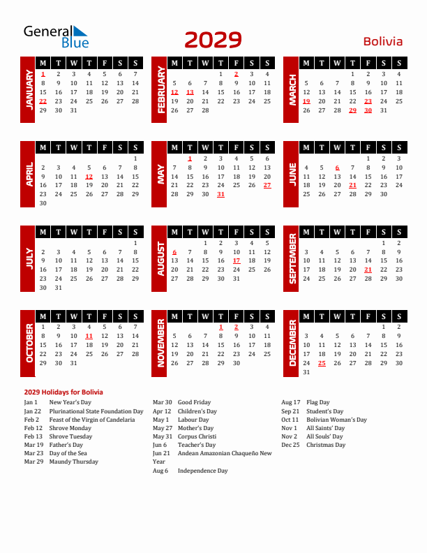 Download Bolivia 2029 Calendar - Monday Start