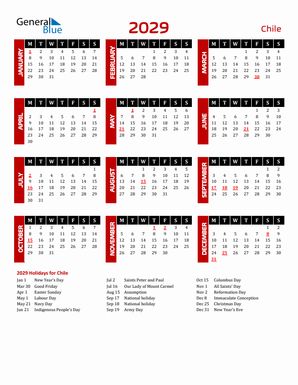 Download Chile 2029 Calendar - Monday Start