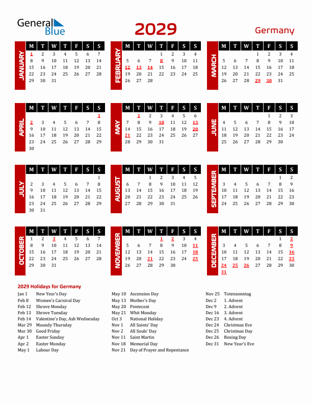 Download Germany 2029 Calendar - Monday Start