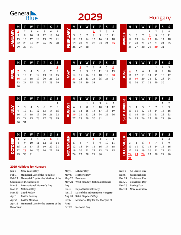 Download Hungary 2029 Calendar - Monday Start