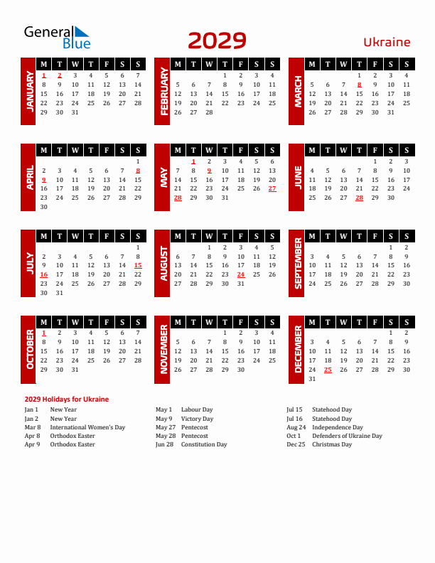 Download Ukraine 2029 Calendar - Monday Start