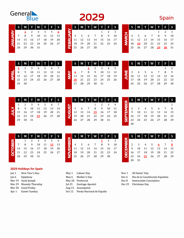 Download Spain 2029 Calendar - Sunday Start