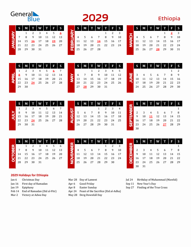 Download Ethiopia 2029 Calendar - Sunday Start