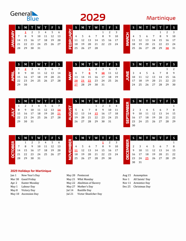 Download Martinique 2029 Calendar - Sunday Start