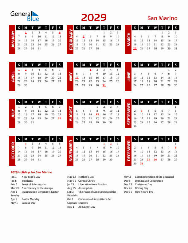 Download San Marino 2029 Calendar - Sunday Start