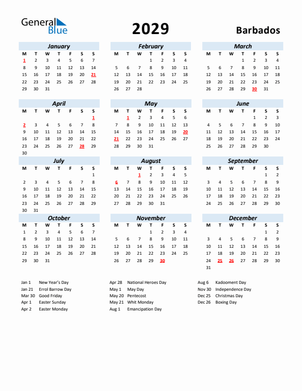 2029 Calendar for Barbados with Holidays