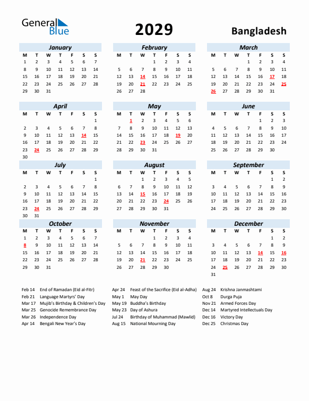 2029 Calendar for Bangladesh with Holidays