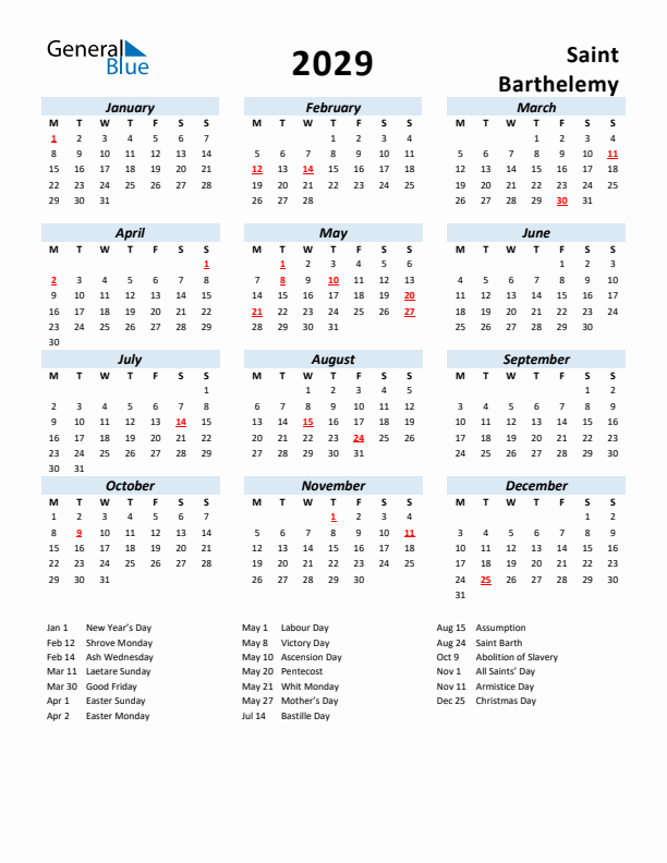 2029 Calendar for Saint Barthelemy with Holidays