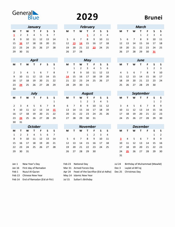 2029 Calendar for Brunei with Holidays