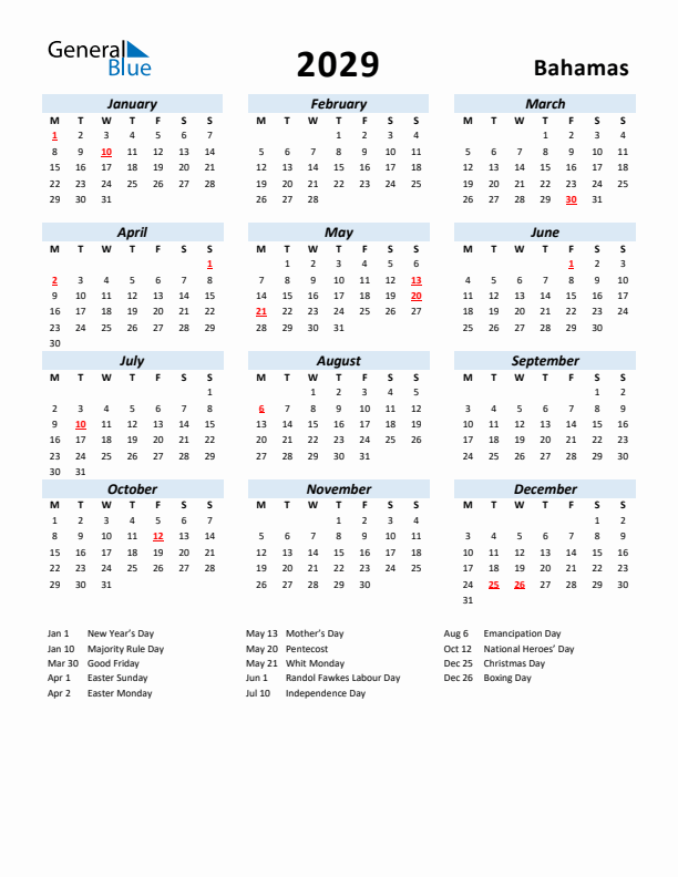 2029 Calendar for Bahamas with Holidays