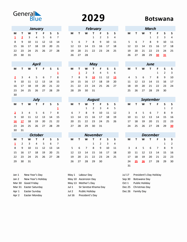 2029 Calendar for Botswana with Holidays