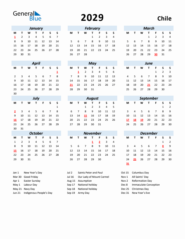 2029 Calendar for Chile with Holidays