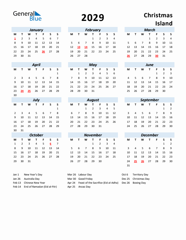 2029 Calendar for Christmas Island with Holidays