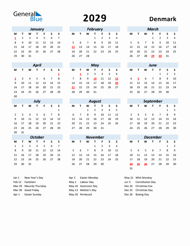 2029 Calendar for Denmark with Holidays