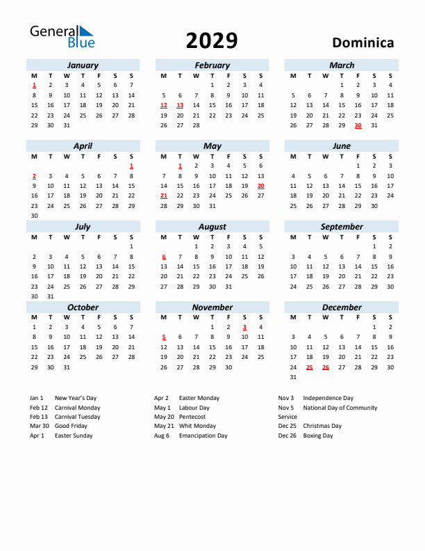 2029 Calendar for Dominica with Holidays