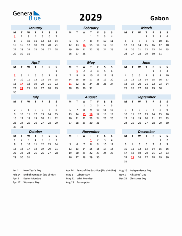 2029 Calendar for Gabon with Holidays