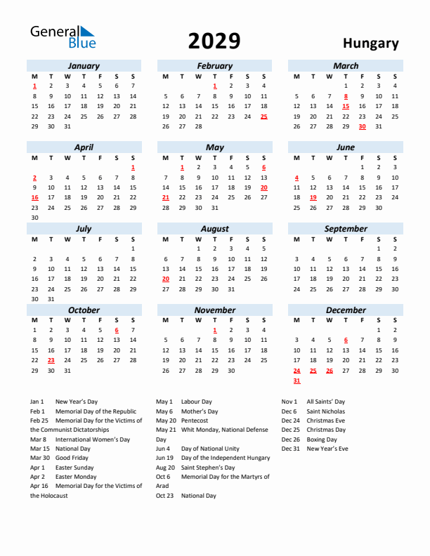 2029 Calendar for Hungary with Holidays