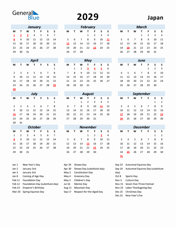 2029 Calendar for Japan with Holidays