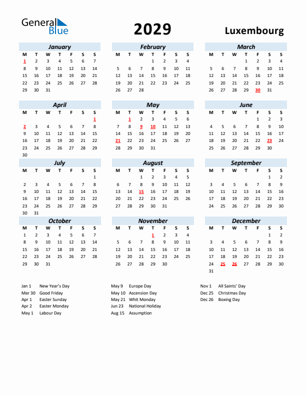 2029 Calendar for Luxembourg with Holidays