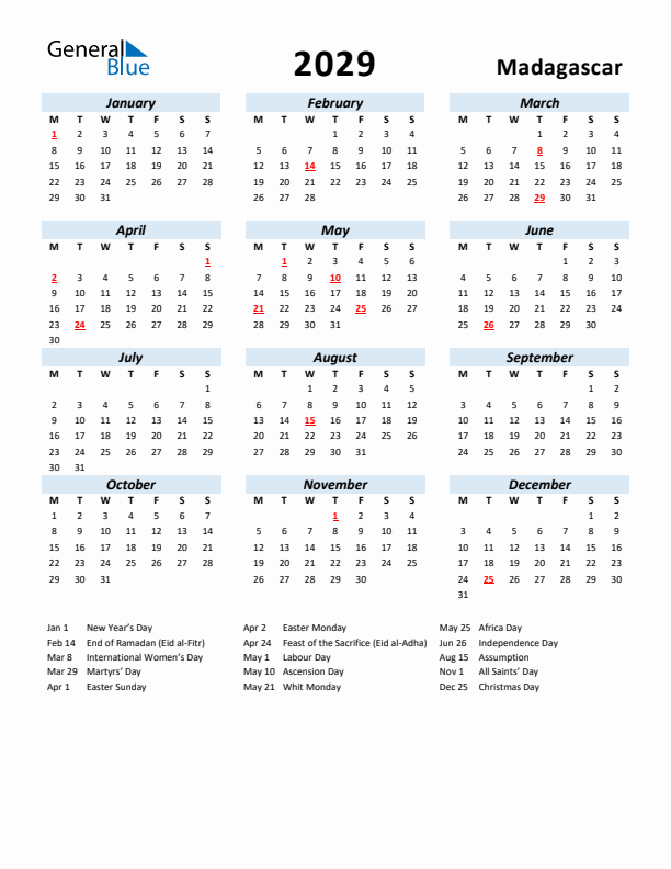 2029 Calendar for Madagascar with Holidays