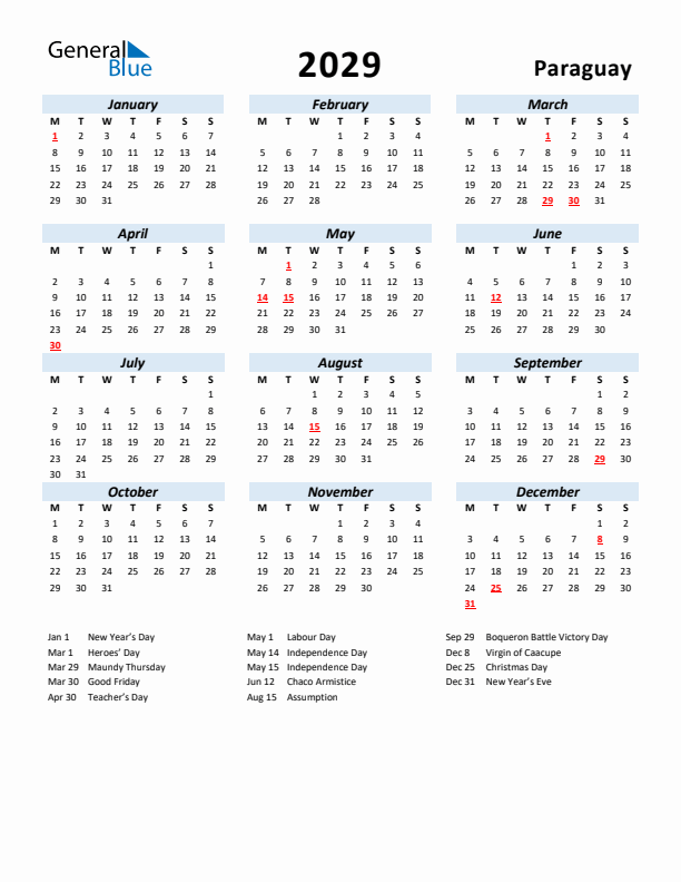 2029 Calendar for Paraguay with Holidays