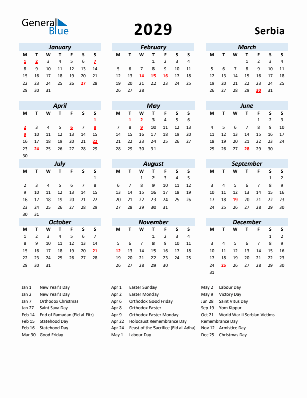 2029 Calendar for Serbia with Holidays