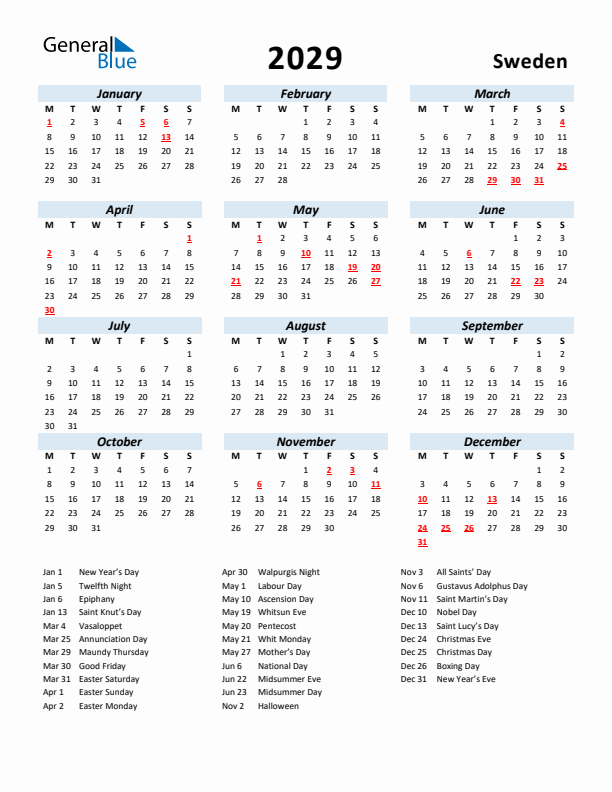 2029 Calendar for Sweden with Holidays