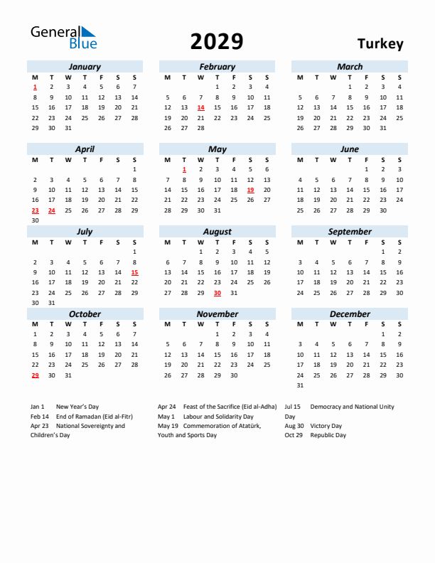 2029 Calendar for Turkey with Holidays