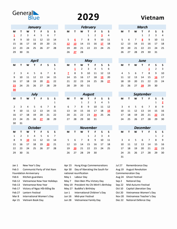 2029 Calendar for Vietnam with Holidays