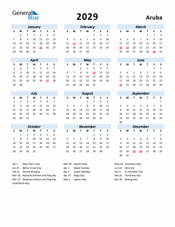 2029 Calendar for Aruba with Holidays