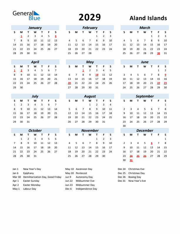 2029 Calendar for Aland Islands with Holidays