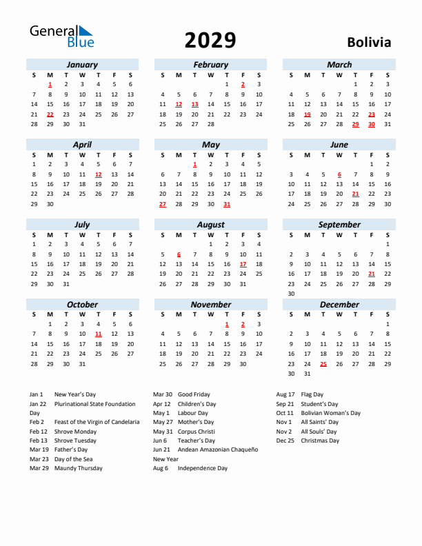 2029 Calendar for Bolivia with Holidays