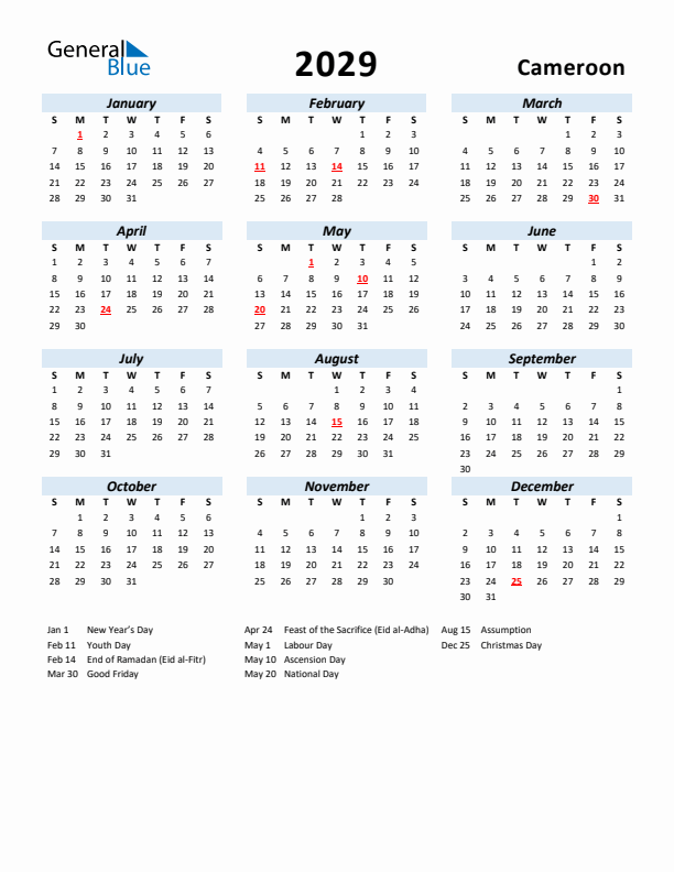 2029 Calendar for Cameroon with Holidays