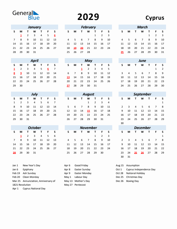 2029 Calendar for Cyprus with Holidays