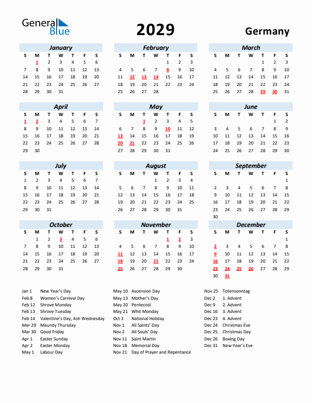 2029 Calendar for Germany with Holidays